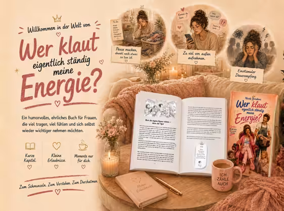 Wer klaut eigentlich ständig meine Energie ist ein humorvolles Selbsthilfe-Buch für Frauen, die viel Verantwortung tragen, sich oft erschöpft fühlen und ihre Lebensenergie, Leichtigkeit und Lebensfreude wieder fühlen möchte.